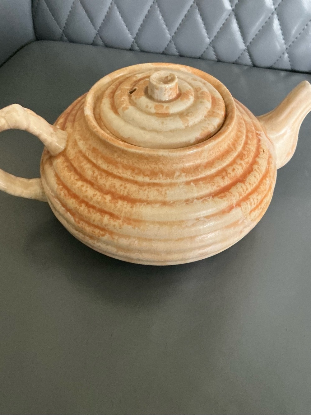 Vintage Ridged Ceramic Teapot in Cream and Warm Orange